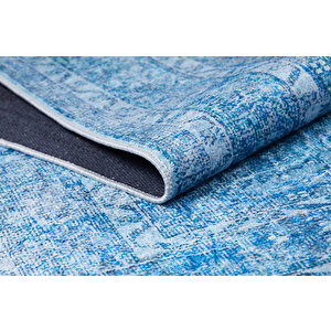 Klasik Mavi Salon&yolluk Dijital Baskılı Makinede Yıkanabilir Kaymaz Taban Saçaklı Halı Hk138 100x400 cm