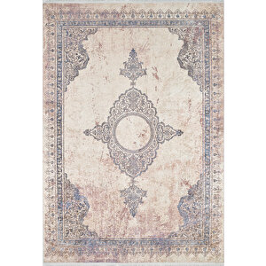 Klasik Bej Salon&yolluk Dijital Baskılı Makinede Yıkanabilir Kaymaz Taban Saçaklı Halı Hk187 120x180 cm