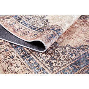 Klasik Bej Salon&yolluk Dijital Baskılı Makinede Yıkanabilir Kaymaz Taban Saçaklı Halı Hk187 120x180 cm