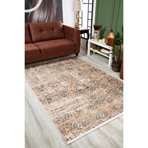 Klasik Bej Sarı Petek Salon&yolluk Dijital Baskılı Makinede Yıkanabilir Kaymaz Taban Saçaklı Halı Hk192 120x180 cm