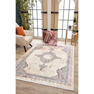 Klasik Bej Salon&yolluk Dijital Baskılı Makinede Yıkanabilir Kaymaz Taban Saçaklı Halı Hk187 80x500 cm