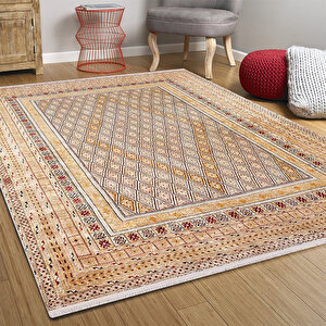 Klasik Sarı Salon&oturma Odası Yolluk&yatak Odası Dijital Baskılı Makinede Yıkanabilir Kaymaz Taban Saçaklı Halı Hk076 120x180 cm