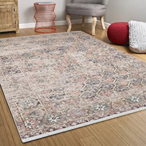 Klasik Bej Sarı Petek Salon&yolluk Dijital Baskılı Makinede Yıkanabilir Kaymaz Taban Saçaklı Halı Hk192 80x150 cm