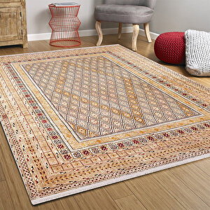 Klasik Sarı Salon&oturma Odası Yolluk&yatak Odası Dijital Baskılı Makinede Yıkanabilir Kaymaz Taban Saçaklı Halı Hk076 100x150 cm