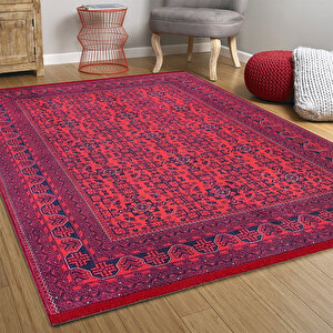 Klasik Kırmızı Salon&yolluk Dijital Baskılı Makinede Yıkanabilir Kaymaz Taban Saçaklı Halı Hk086 120x200 cm