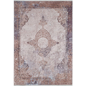 Klasik Kahverengi Salon&yolluk Dijital Baskılı Makinede Yıkanabilir Kaymaz Taban Saçaklı Halı Hk188 100x400 cm