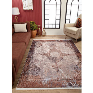 Klasik Kahverengi Salon&yolluk Dijital Baskılı Makinede Yıkanabilir Kaymaz Taban Saçaklı Halı Hk188 200x300 cm