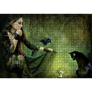 Gotik Kız Kara Kedi Karga Ve Cam Küre Puzzle Yapboz Mdf Ahşap 1000 Parça