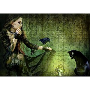 Gotik Kız Kara Kedi Karga Ve Cam Küre Puzzle Yapboz Mdf Ahşap 255 Parça