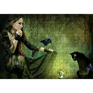 Gotik Kız Kara Kedi Karga Ve Cam Küre Puzzle Yapboz Mdf Ahşap 500 Parça