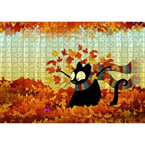 Sonbahar Atkılı Kara Kedi Ve Fare Görseli Puzzle Yapboz Mdf Ahşap 500 Parça