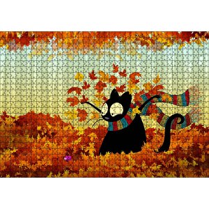 Sonbahar Atkılı Kara Kedi Ve Fare Görseli Puzzle Yapboz Mdf Ahşap 1000 Parça