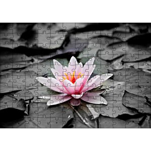 Siyah Beyaz Lotus Yaprakları Ve Pembe Nilüfer Çiçeği Puzzle Yapboz Mdf Ahşap 120 Parça