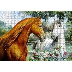Atlar Ve Güller Yağlı Boya Resmi Puzzle Yapboz Mdf Ahşap 500 Parça