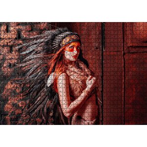 Kırmızı Işık Üstüne Yansımız Kızılderi Kıyafetli Kadın Görseli Puzzle Yapboz Mdf Ahşap 1000 Parça