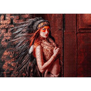 Kırmızı Işık Üstüne Yansımız Kızılderi Kıyafetli Kadın Görseli Puzzle Yapboz Mdf Ahşap 500 Parça