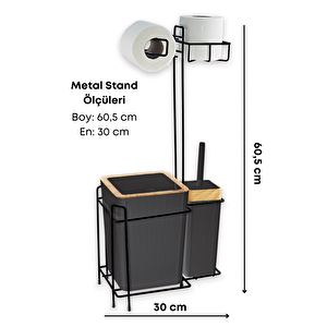 Metal Standlı Ahşap Desenli Wc Kağıtlık 6 Parça Lüx Banyo Seti Siyah 3 Adet Duş Lifi Hediye