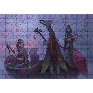 Gece Sisler Arasındaki Kayık Ve Çalgıcı Kızlar Puzzle Yapboz Mdf Ahşap 255 Parça