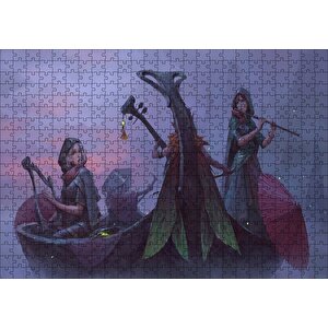 Gece Sisler Arasındaki Kayık Ve Çalgıcı Kızlar Puzzle Yapboz Mdf Ahşap 500 Parça
