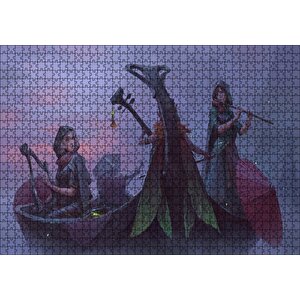 Gece Sisler Arasındaki Kayık Ve Çalgıcı Kızlar Puzzle Yapboz Mdf Ahşap 1000 Parça