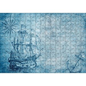 Orta Dünya Haritası Ve Yelkenli Gemi Puzzle Yapboz Mdf Ahşap 255 Parça