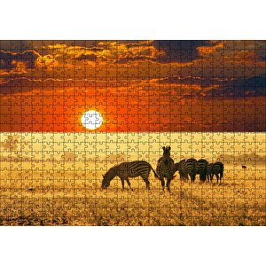 Günbatımında Savanada Zebralar Puzzle Yapboz Mdf Ahşap 500 Parça