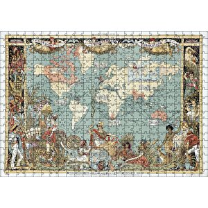 Dünya Haritası Ve Bazı Halklar 1886 Yılı Puzzle Yapboz Mdf Ahşap 500 Parça