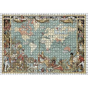 Dünya Haritası Ve Bazı Halklar 1886 Yılı Puzzle Yapboz Mdf Ahşap 1000 Parça