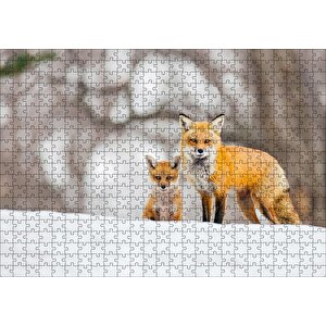 Karlar Üzerinde Kutup Tilkisi Ve Yavrusu Puzzle Yapboz Mdf Ahşap 500 Parça