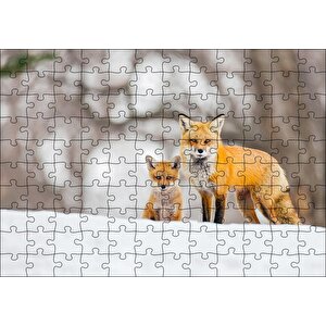 Karlar Üzerinde Kutup Tilkisi Ve Yavrusu Puzzle Yapboz Mdf Ahşap 120 Parça