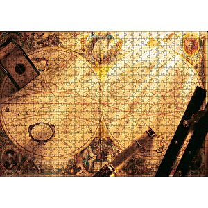 Eski Dünya Haritası Dürbün Pusula Ve Usturlab Puzzle Yapboz Mdf Ahşap 500 Parça
