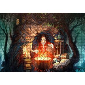 Kazanın Başında Cadı Ve Büyü Kitapları Puzzle Yapboz Mdf Ahşap 500 Parça
