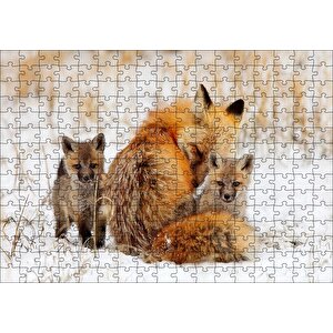 Karlar Üzerindeki Kızıl Tilki Ve Yavruları Puzzle Yapboz Mdf Ahşap 255 Parça
