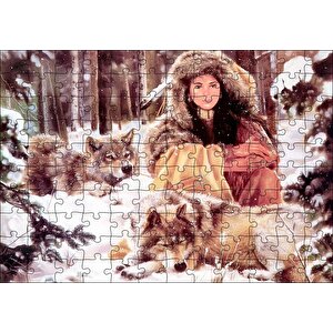 Kızılderili Kız Ve Karlar İçinde Kurtlar Görseli Puzzle Yapboz Mdf Ahşap 120 Parça
