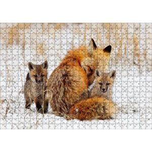 Karlar Üzerindeki Kızıl Tilki Ve Yavruları Puzzle Yapboz Mdf Ahşap 500 Parça