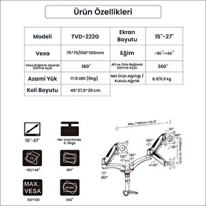 Npo Std222 Çift Kol Monitör Tutucu - Beyaz