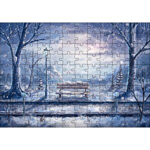 Animasyon Tren Yolu Bank Ağaçlar Kar Görseli Puzzle Yapboz Mdf Ahşap 120 Parça