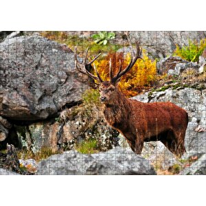 Kayalıklar Ve Boynuzlu Kahverengi Geyik Puzzle Yapboz Mdf Ahşap 500 Parça