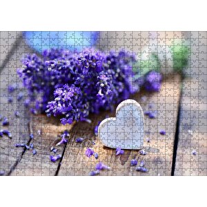 Masada Buket Lavanta Ve Tahta Kalp Puzzle Yapboz Mdf Ahşap 500 Parça