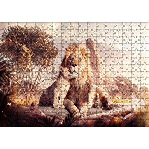 Doğada Aslan Ve Yavrusu Görseli Puzzle Yapboz Mdf Ahşap 255 Parça