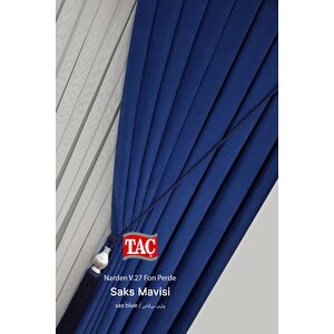 Fon Perde 1x3 Sık Pile Narden Soft Saks Mavi 2 Adet Kırlent Kılıfı + 2 Adet Bağlama Kuşağı Hediye 100x275 cm