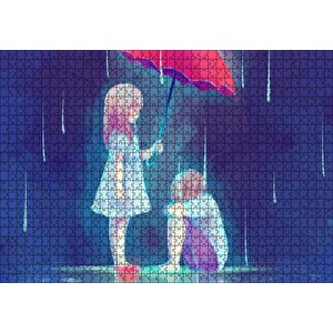 Yağmurda Kırmızı Şemsiyeli Küçük Kız Ve Erkek Çizim Puzzle Yapboz Mdf Ahşap 1000 Parça