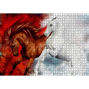 Kahverengi At Kızıl Zemin Beyaz At Beyaz Zemin Puzzle Yapboz Mdf Ahşap 1000 Parça