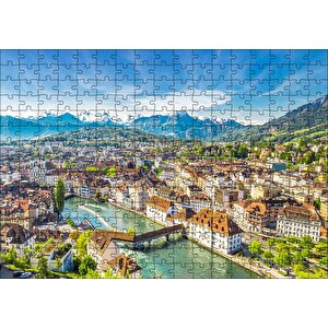 İsviçre Luzern Ve Arkaplanda Dağlar Puzzle Yapboz Mdf Ahşap 255 Parça