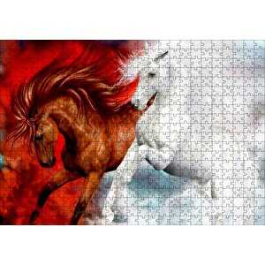 Kahverengi At Kızıl Zemin Beyaz At Beyaz Zemin Puzzle Yapboz Mdf Ahşap 500 Parça