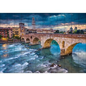 İtalya Verona Ponte Pietra Köprüsü Ve Mor Gökler Puzzle Yapboz Mdf Ahşap 120 Parça