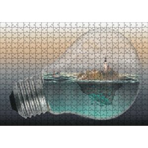 Ampul İçinde Okyanus Ve Ada İllüstrasyonu Puzzle Yapboz Mdf Ahşap 500 Parça