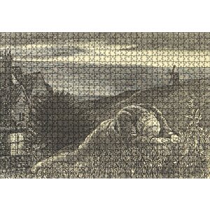 Cakapuzzle  Şato Tepeler Yeldeğirmeni Ve Uzanan Adam Puzzle Yapboz Mdf Ahşap