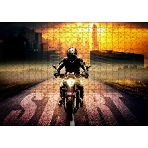 Motorsikletli Adam Günbatımı Ve Gökdelenler Puzzle Yapboz Mdf Ahşap 500 Parça