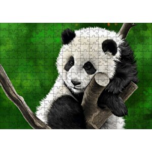 Dala Sarılmış Sevimli Panda Dijital Çizim Puzzle Yapboz Mdf Ahşap 255 Parça
